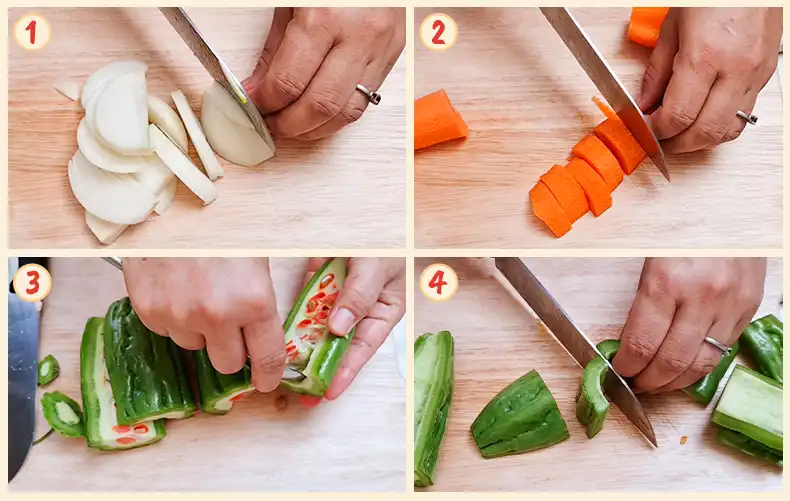 step1 4 Steps 1 to 4: Preparing the vegetables.
