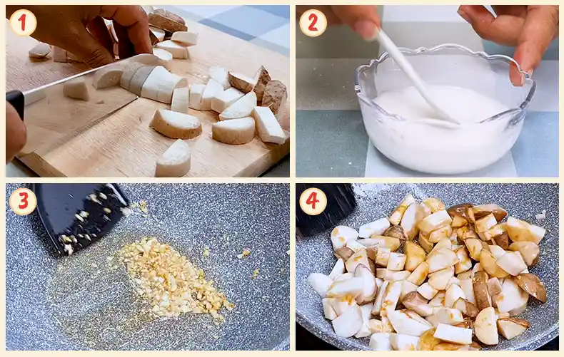 step1 4 Steps 1 to 4 of preparing and cooking the mushrooms and garlic.
