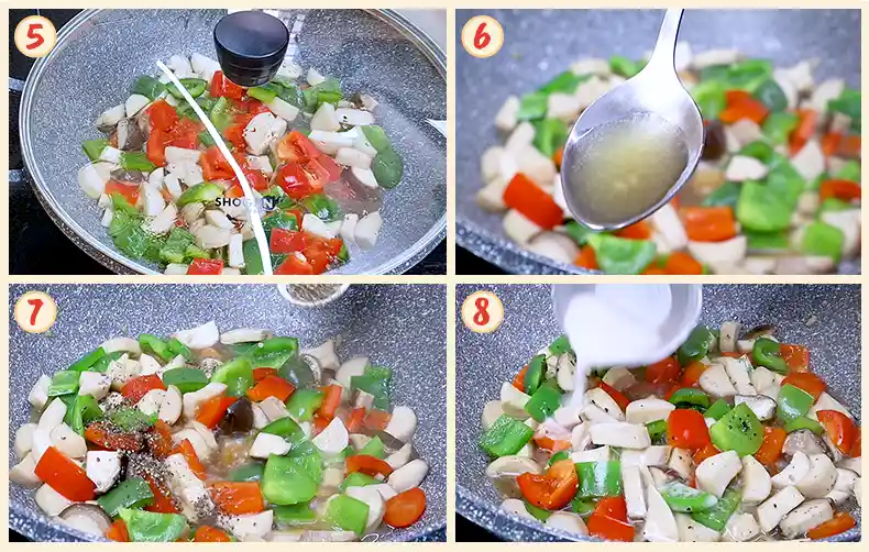 step5 8 Steps 5 to 8 of braising the mushrooms and capsicums.