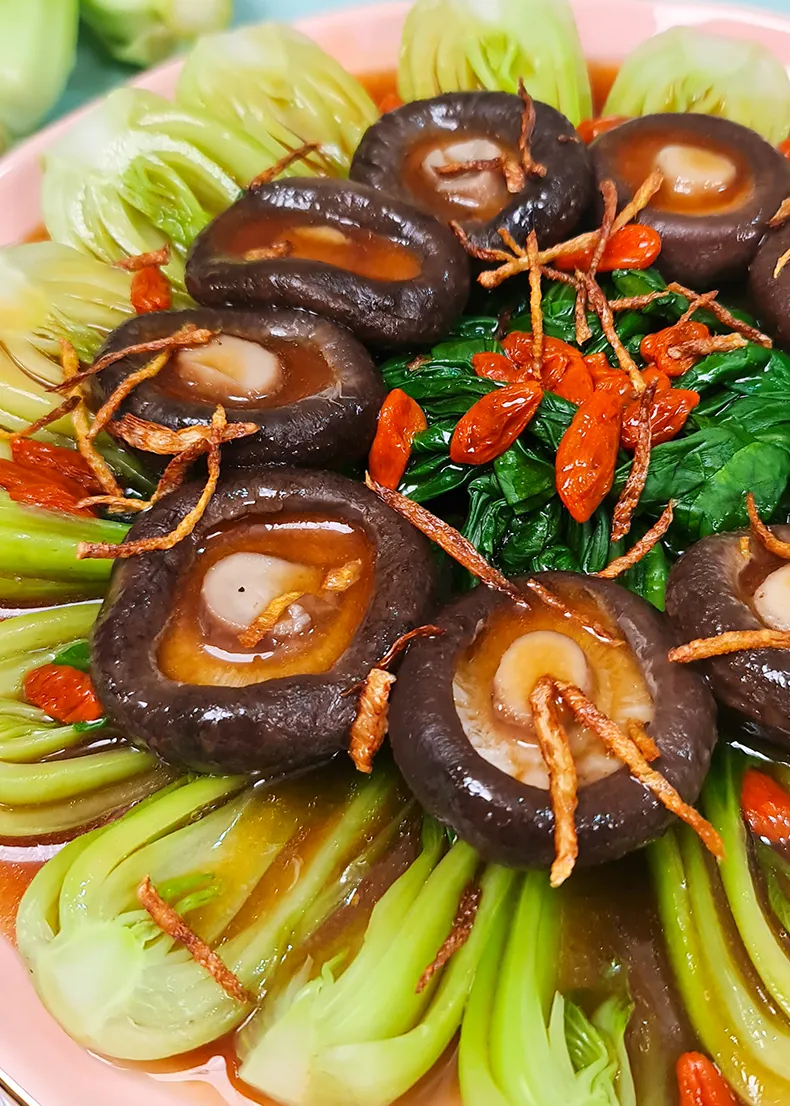 bok choy mushroom A close up of the mushrooms with bok choy.