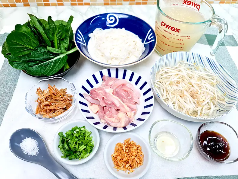 ingredients All the ingredients needed: chicken stock, kway teow noodles, choy sum, cirispy anchovies, chicken, beansprouts, oyster sauce, garlic oil, fried garlic, chopped spring onion & cilantro, and salt.