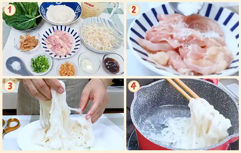step1 4 Steps 1 to 4 of preparing the ingredients, kway teow and chicken.