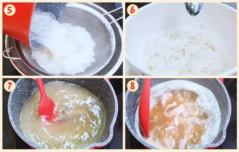 step5 8 Steps 5 to 8 of cooking the kway teow and soup.