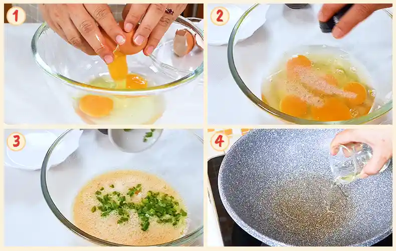 step1 4 Steps 1 to 4 of preparing the omelette.