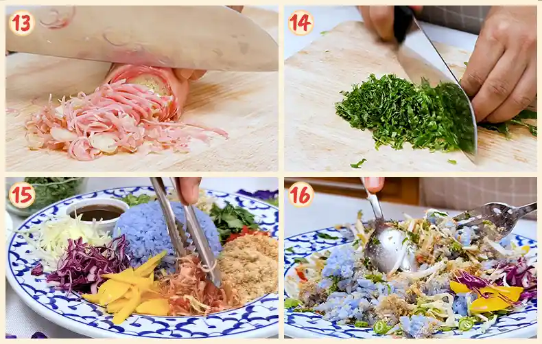 Steps 13 to 16 of slicing the herbs and assembling the Khao Yum.