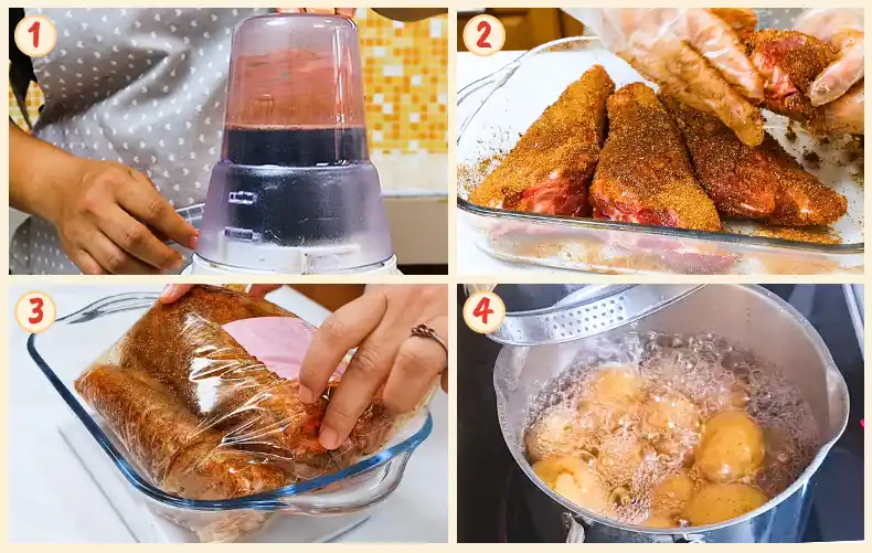 step1 4 Steps 1 to 4 of marinating the shanks and cooking the potatoes.