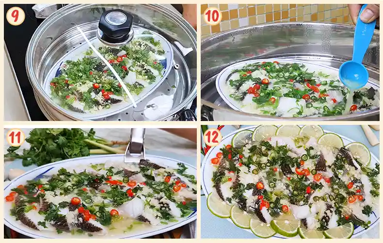 step9 12 Steps 9 to 12 garnishing and serving the fish fillets.